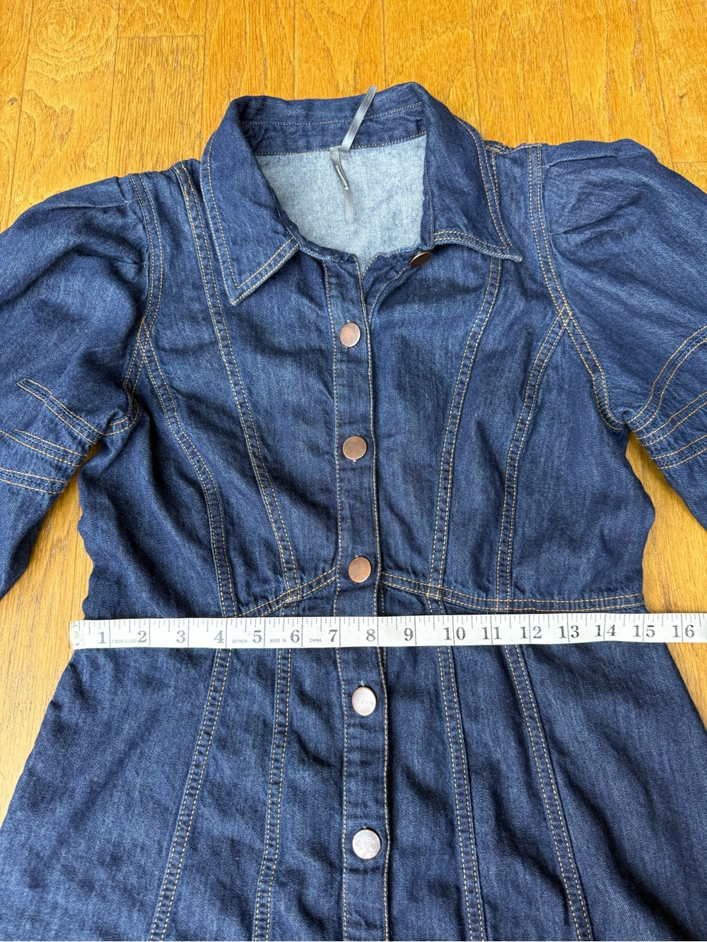 Anthropologie Button-up, Collared 3/4 Puff Sleeve Mini Blue Jean Dress Size 8 - Picture 7 of 12